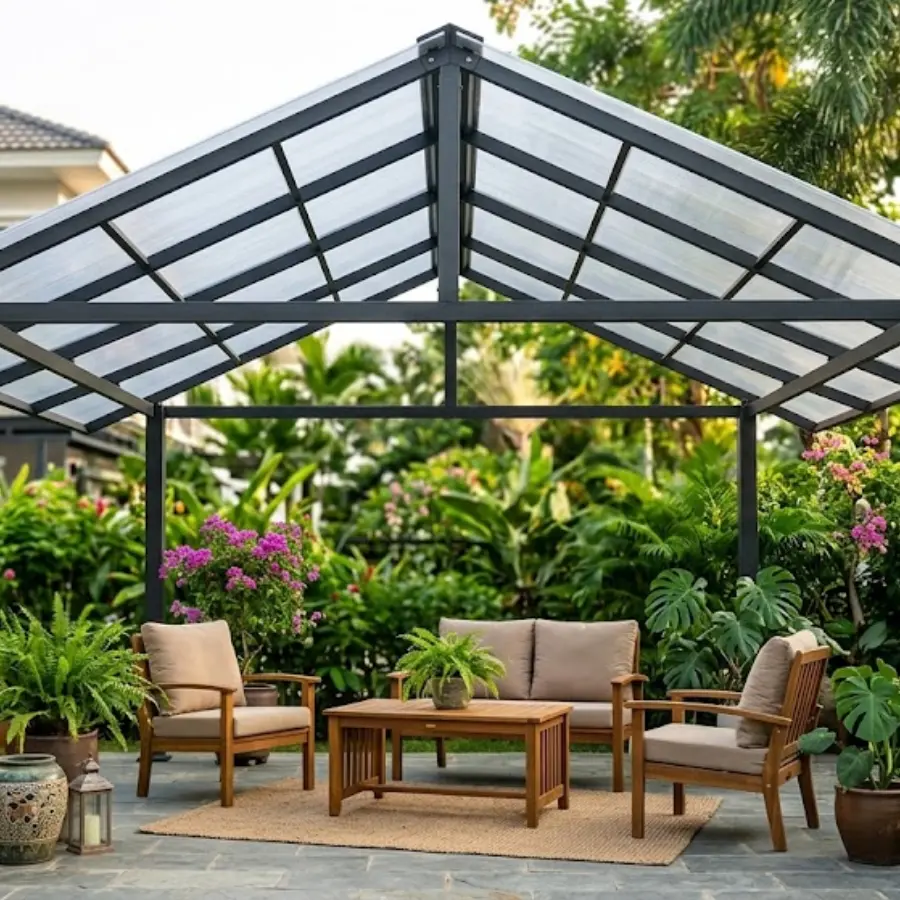 Mái hiên chữ A Nhựa Poly Lấy Sáng Cho Sân Vườn